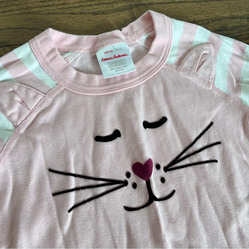 Hanna Andersson Pink White Long Sleeve Pajamas Stripes Cat sz 12 150 cm EUC - Picture 3 of 9